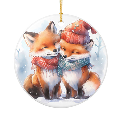 Ceramic Christmas Ornament with Cozy Winter Foxes   Item #59213