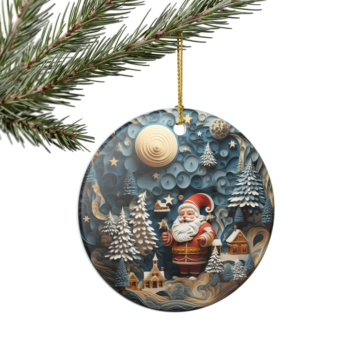 Ceramic Christmas Ornament with Santa, Winter Village & Snowy Forest Design   Item #478394