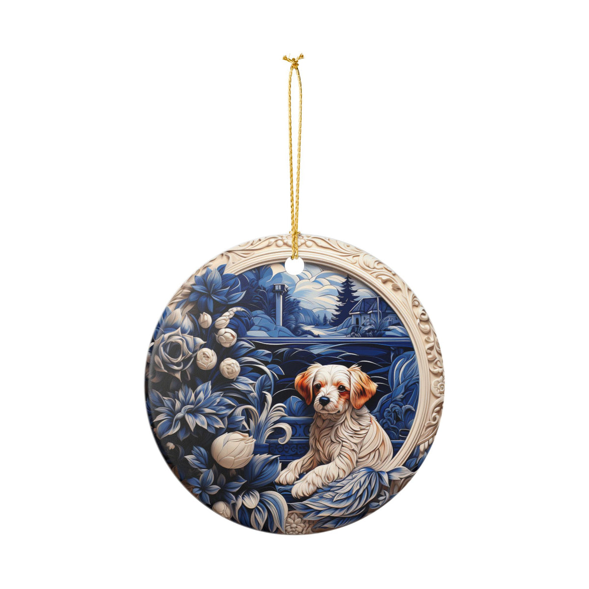 Ceramic Ornament with Puppy and Blue Floral Lakeside Scene   Item #793169
