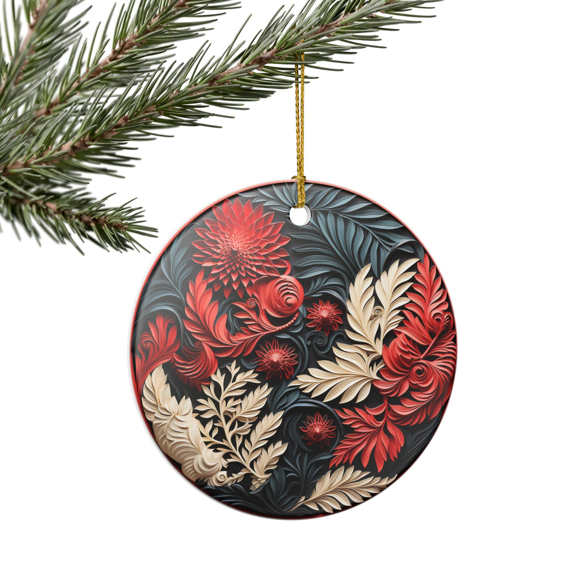 Floral Ceramic Ornament – Red, Cream & Black Botanical Holiday Decor   Item #400784