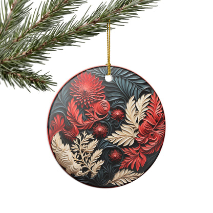 Floral Ceramic Ornament – Red, Cream & Black Botanical Holiday Decor   Item #400784