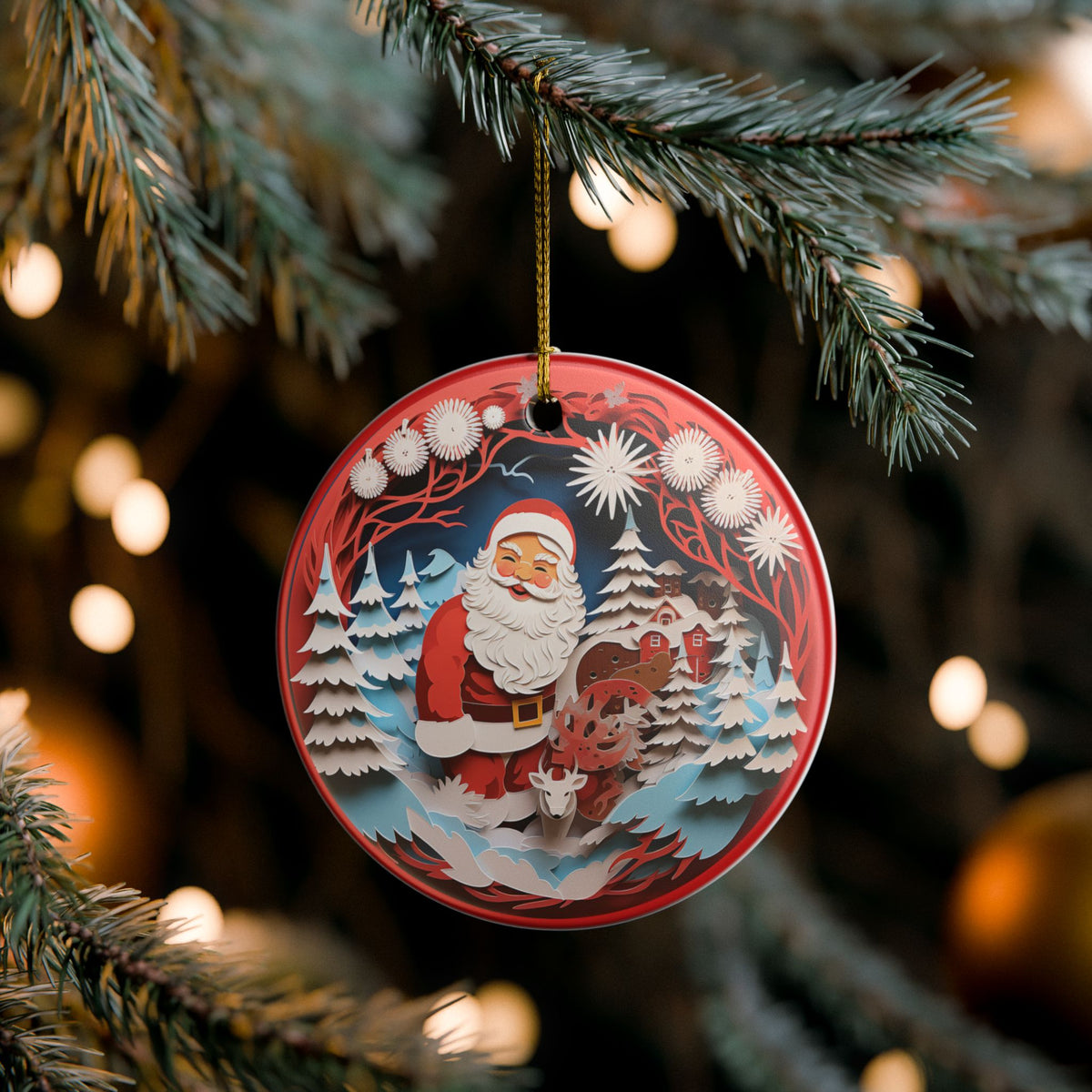 Ceramic Christmas Ornament with Santa, Reindeer & Winter Village   Item #553048