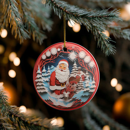 Ceramic Christmas Ornament with Santa, Reindeer & Winter Village   Item #553048