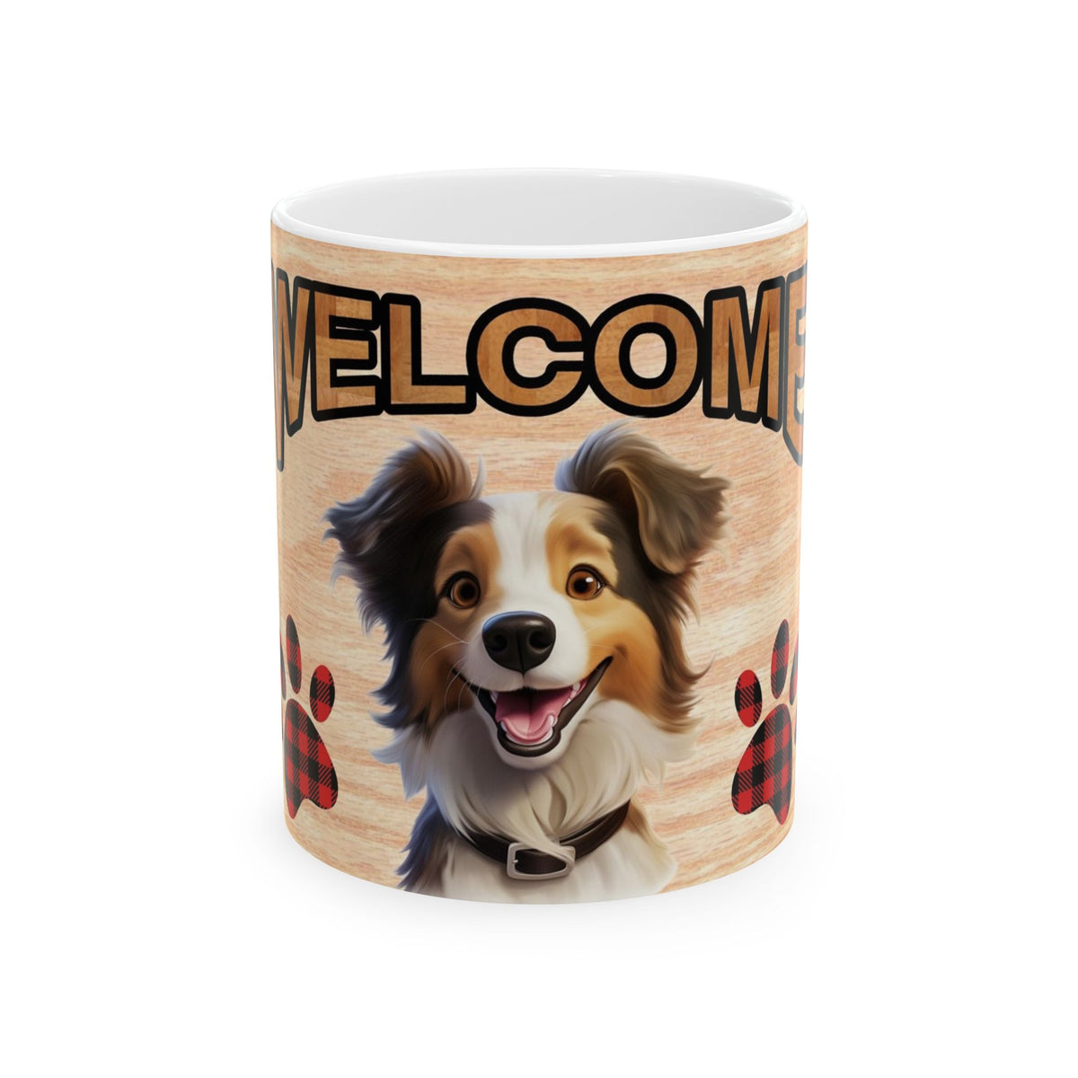 Welcome Dog Illustration Ceramic Mug – Cute Paw Print Coffee Cup 11oz    Item #61406