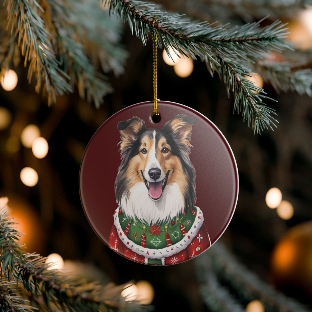 Christmas Collie Dog In Sweater Ceramic Ornament   Item #620825