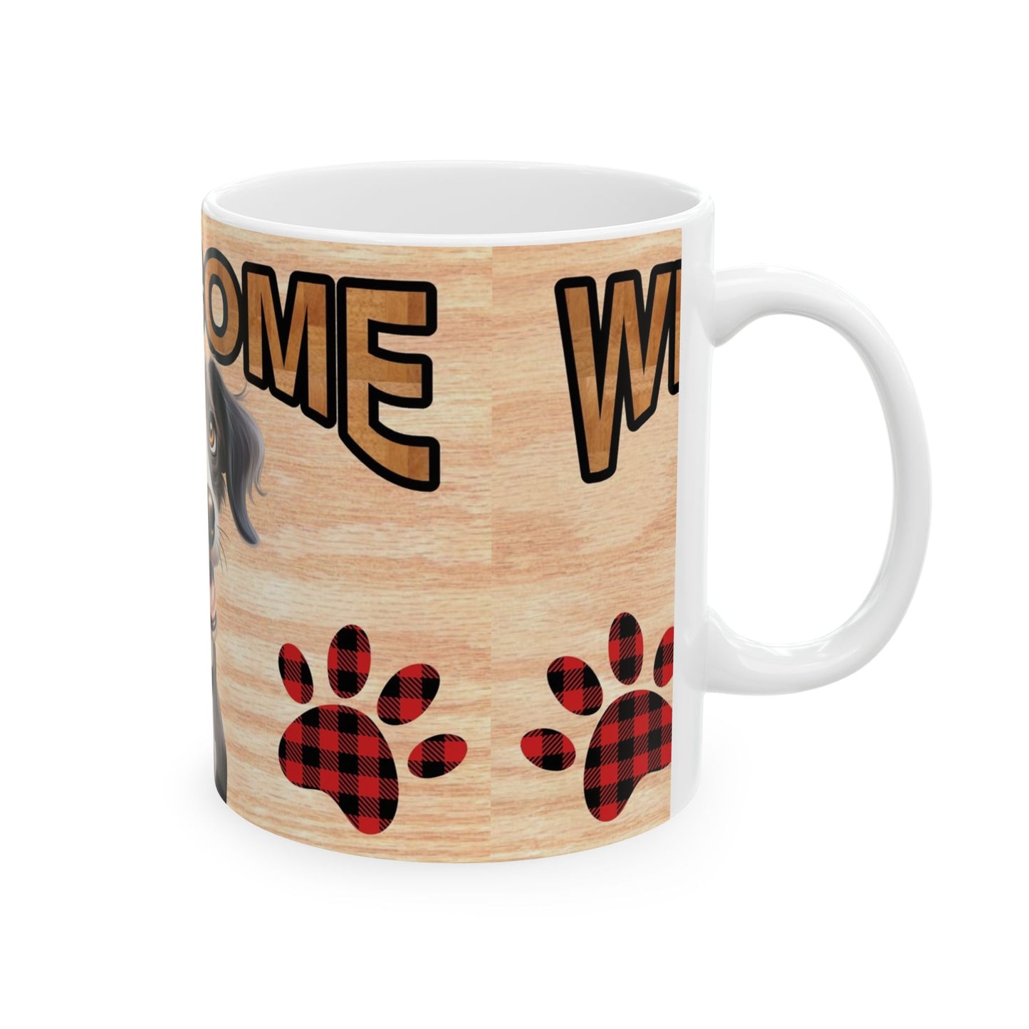 Welcome Dog Illustration Ceramic Mug – Cute Paw Print Coffee Cup 11oz    Item #379561