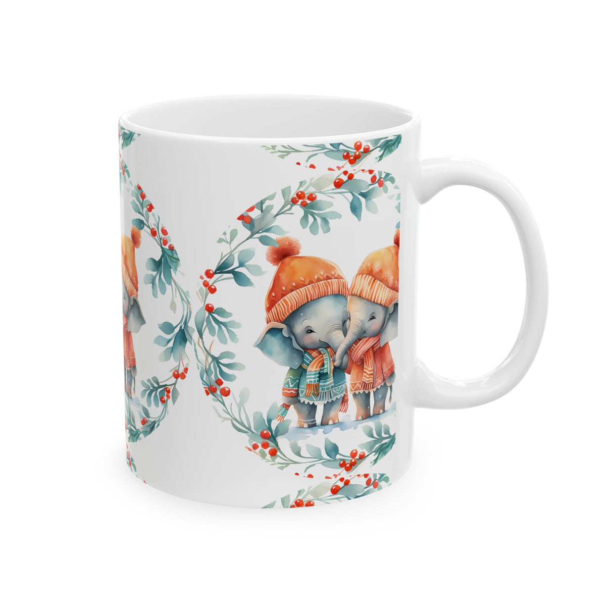 Elephant Friends Holiday Mug – Cute Winter Elephants in Knit Hats 11oz   Item #403381