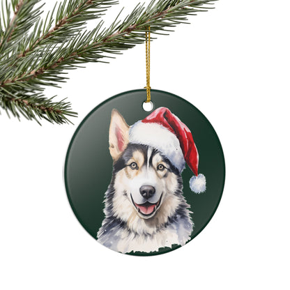 Ceramic Ornament – Christmas Husky Dog in Santa Hat    Item #667207