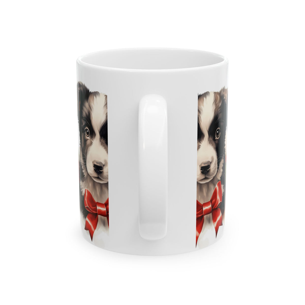 Holiday Puppy Ceramic Mug — Cute Border Collie with Red Bow 11oz  Item #598418