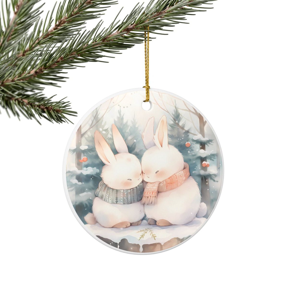 Ceramic Ornament with Cozy Winter Bunny Couple Design   Item #208416