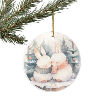 Ceramic Ornament with Cozy Winter Bunny Couple Design   Item #208416