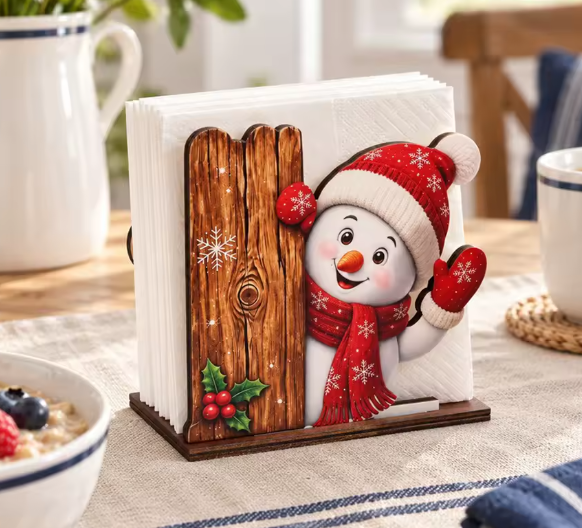 Snowman Waving By Fence Wooden Napkin Holder By Santa's Creations