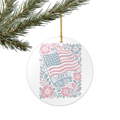 Freedom 1776-2026 Ceramic Ornament — Patriotic American Flag Floral Decoration   Item #31956