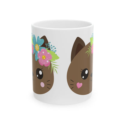 Cute Floral Cat Face Mug — Adorable Kawaii Coffee Cup 11oz    Item #149524