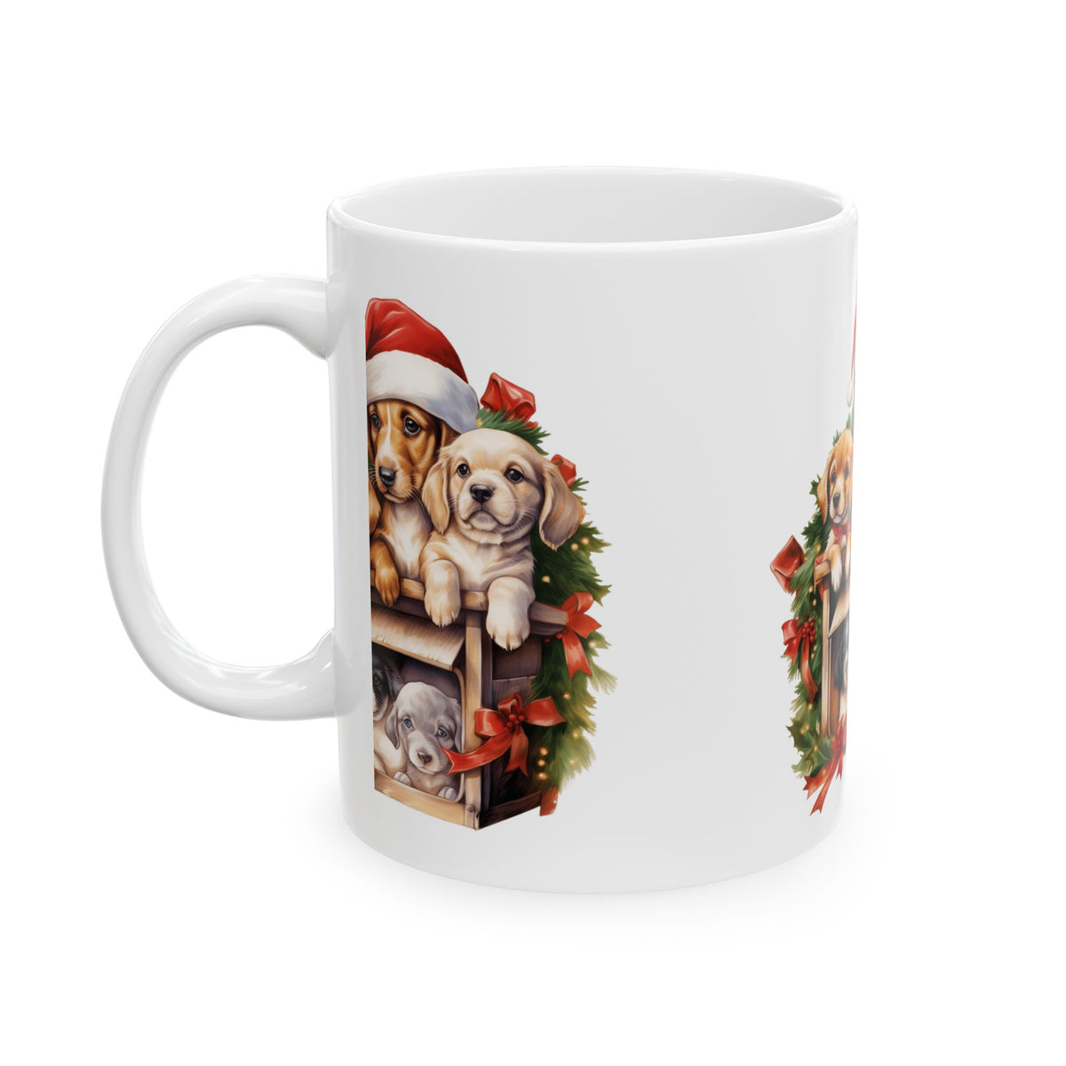 Christmas Puppy Mug – Cute Puppies in Santa Hats Ceramic Coffee Cup 11oz   Item #453285
