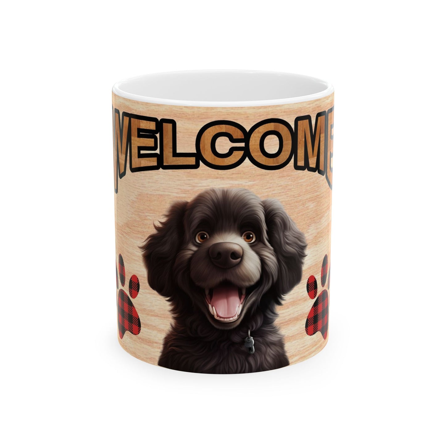 Welcome Puppy Ceramic Mug — Cute Black Dog with Buffalo Plaid Paws 11oz    Item #209191