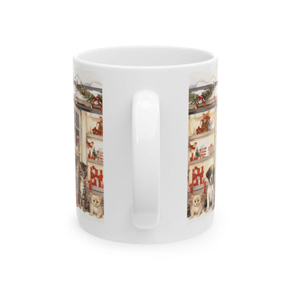 Holiday Pet Shop Ceramic Mug — Cute Puppies & Kittens Christmas Coffee Mug 11oz   Item #740918