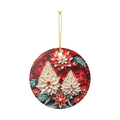 Floral Ceramic Ornament – Red and White Botanical Holiday Décor   Item #26187