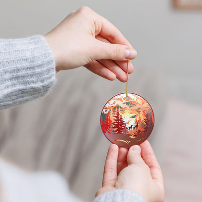 Ceramic Christmas Ornament – Rustic Woodland Deer Forest Scene   Item #783675