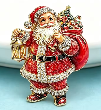 Rodericks Gems Santa Christmas Brooch Pin, Sparkling Holiday Santa Claus Jewelry with Gift Sack and Lantern Design, Festive Seasonal Accessory for Women   Item #927957