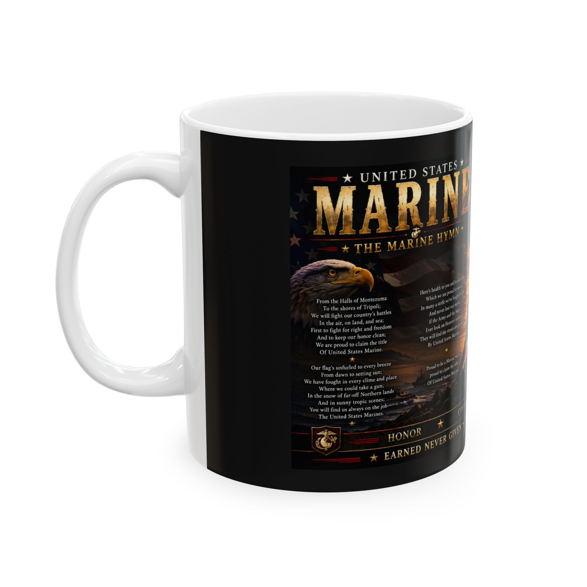 Marine Corps Memorial Mug – Iwo Jima Flag Raising with Hymn & US Flag 11oz  Item #10015