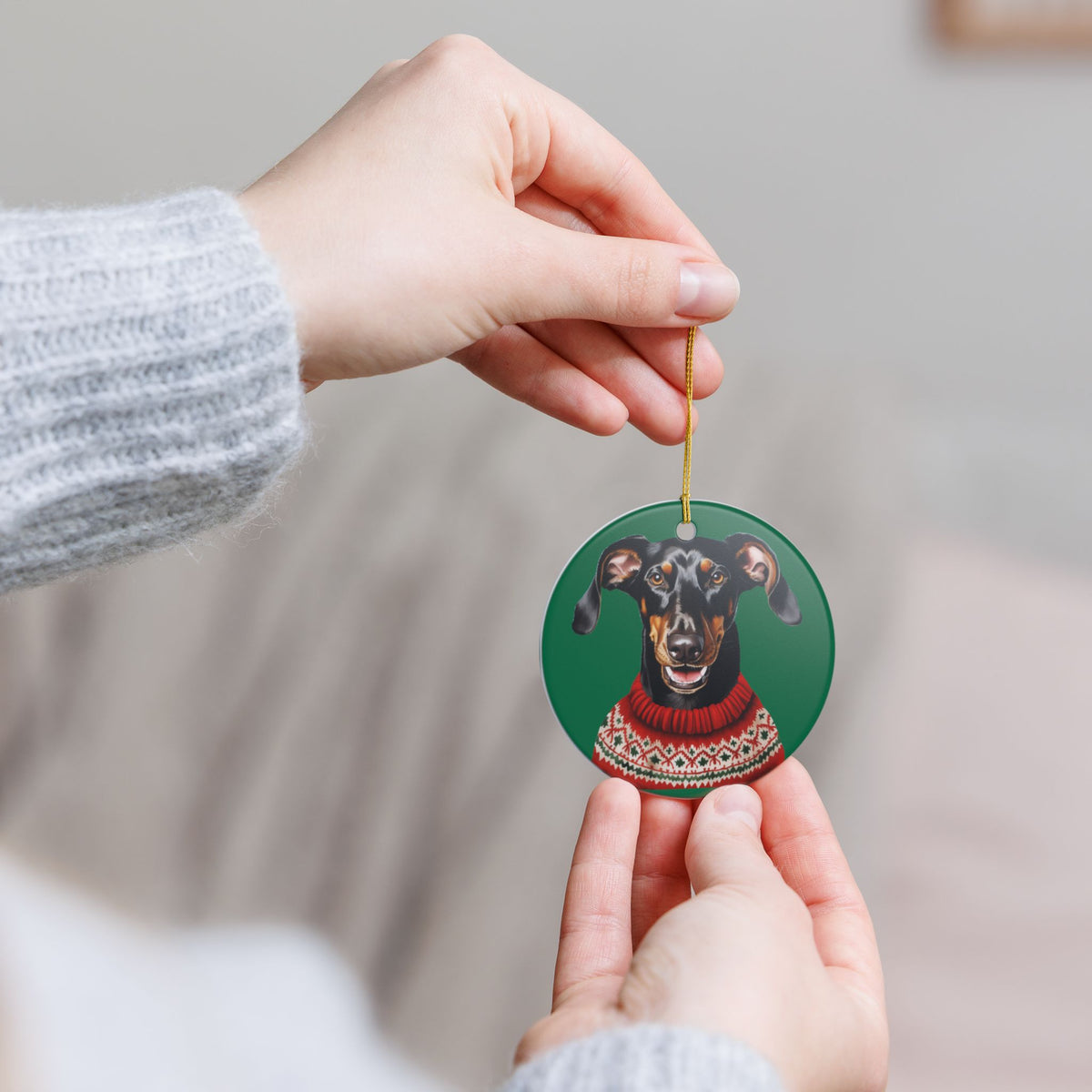 Festive Dog With Christmas Sweater Ceramic Ornament  Item #179925