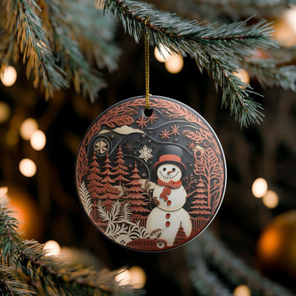 Ceramic Christmas Ornament with Snowman Winter Forest Design   Item #3133