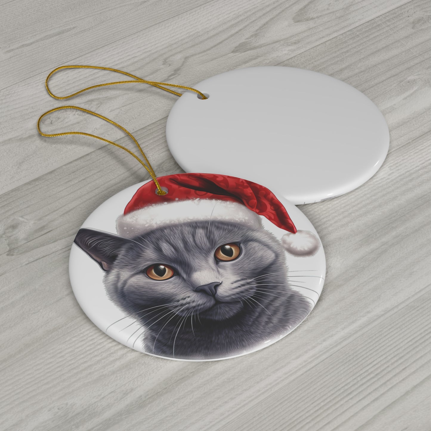 Russian Blue Cat With Santa Hat Ceramic Ornament      Item #6053397