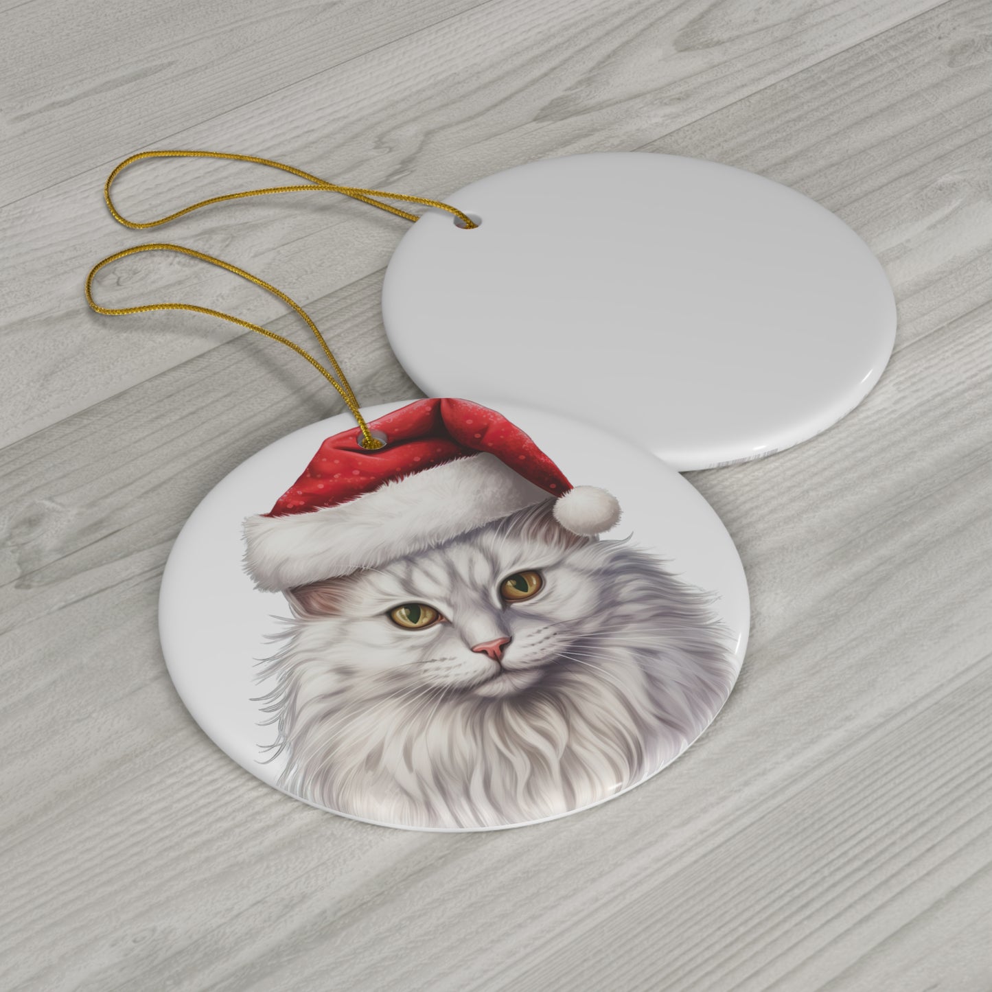 Ceramic Ornament - Turkish Angora Cat With Santa Hat      Item #7422134