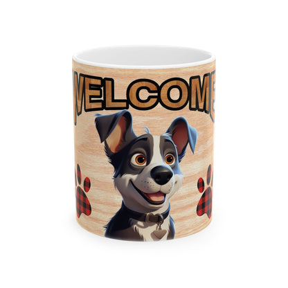 Welcome Dog Illustration Ceramic Mug – Cute Paw Print Coffee Cup 11oz    Item #153214