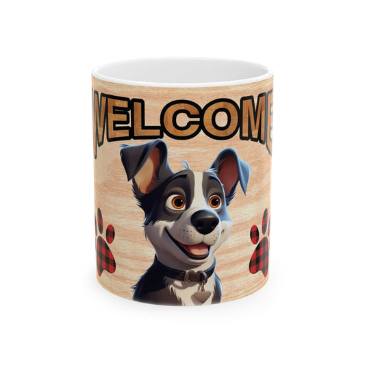 Welcome Dog Illustration Ceramic Mug – Cute Paw Print Coffee Cup 11oz    Item #153214