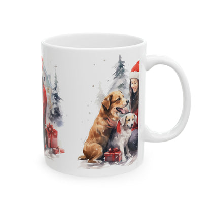 Christmas Dog Lover Mug — Woman with Dogs in Santa Hat Holiday Coffee Cup 11oz   Item #380901