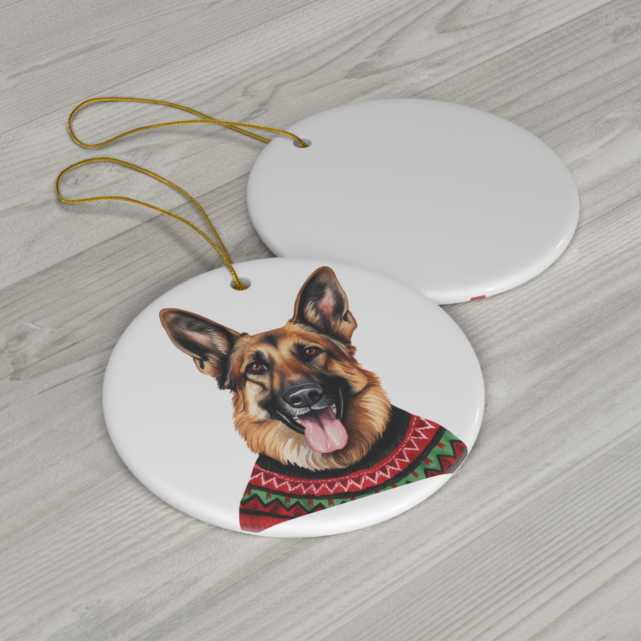 Dog With Christmas Sweater Ceramic Disc Ornament            Item #3444772