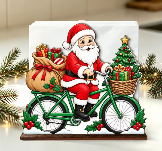Santa Claus Riding Bike Wooden Napkin Holder By Santa's Creations