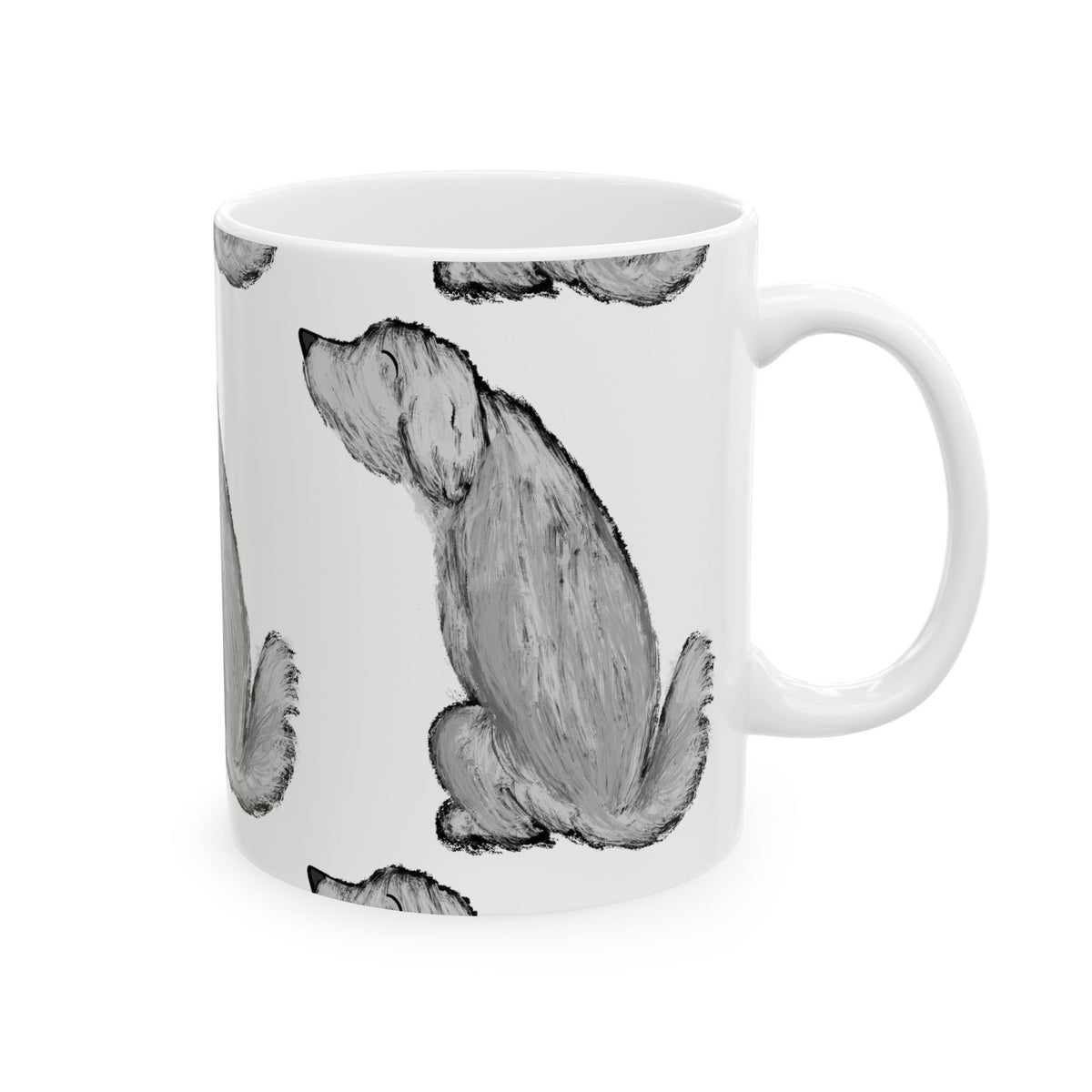 Dog Sketch Pattern Mug — Black & White Pawprint Ceramic Coffee Cup 11oz  Item #46642