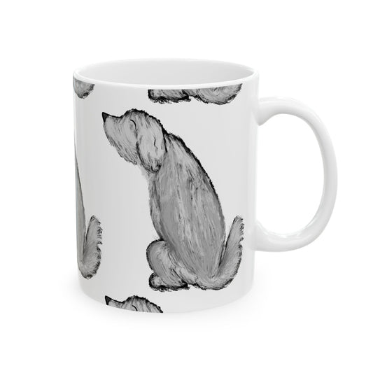 Dog Sketch Pattern Mug — Black & White Pawprint Ceramic Coffee Cup 11oz  Item #46642