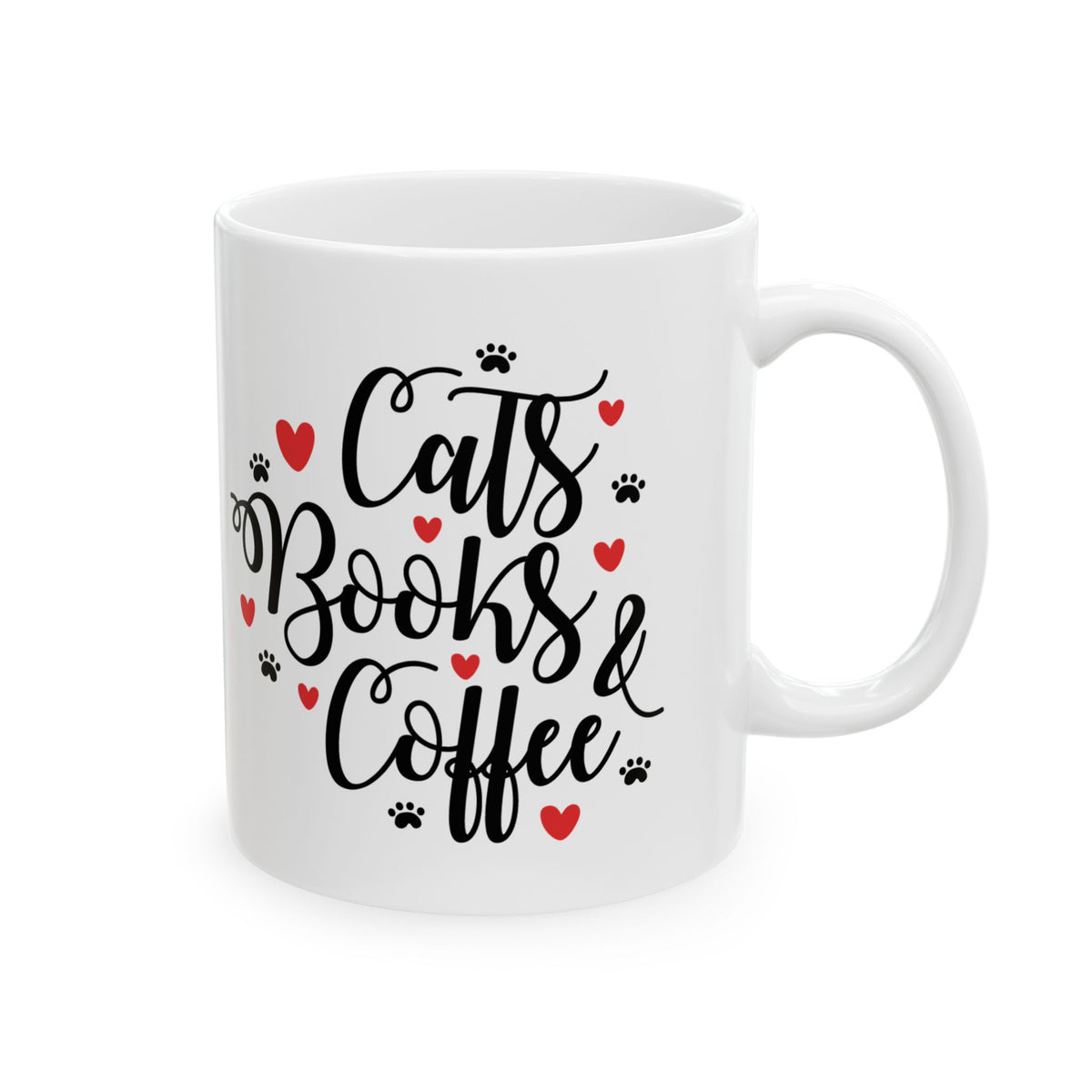 Cats, Books & Coffee Ceramic Mug — Cute Paw Print & Heart Coffee Cup 11oz   Item #7358