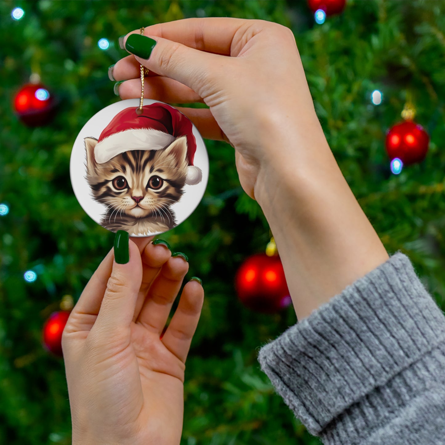 Ceramic Ornament - Bengal Kitten With Santa Hat      Item #424999