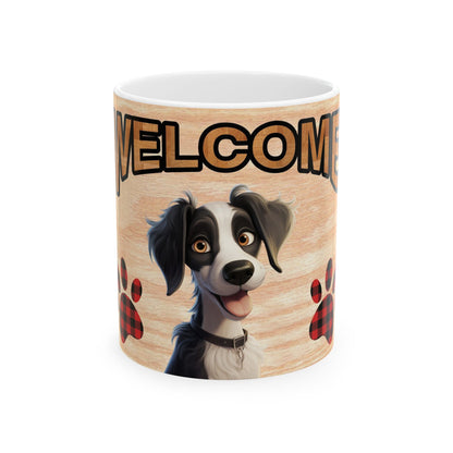 Welcome Dog Illustration Ceramic Mug – Cute Paw Print Coffee Cup 11oz    Item #122346