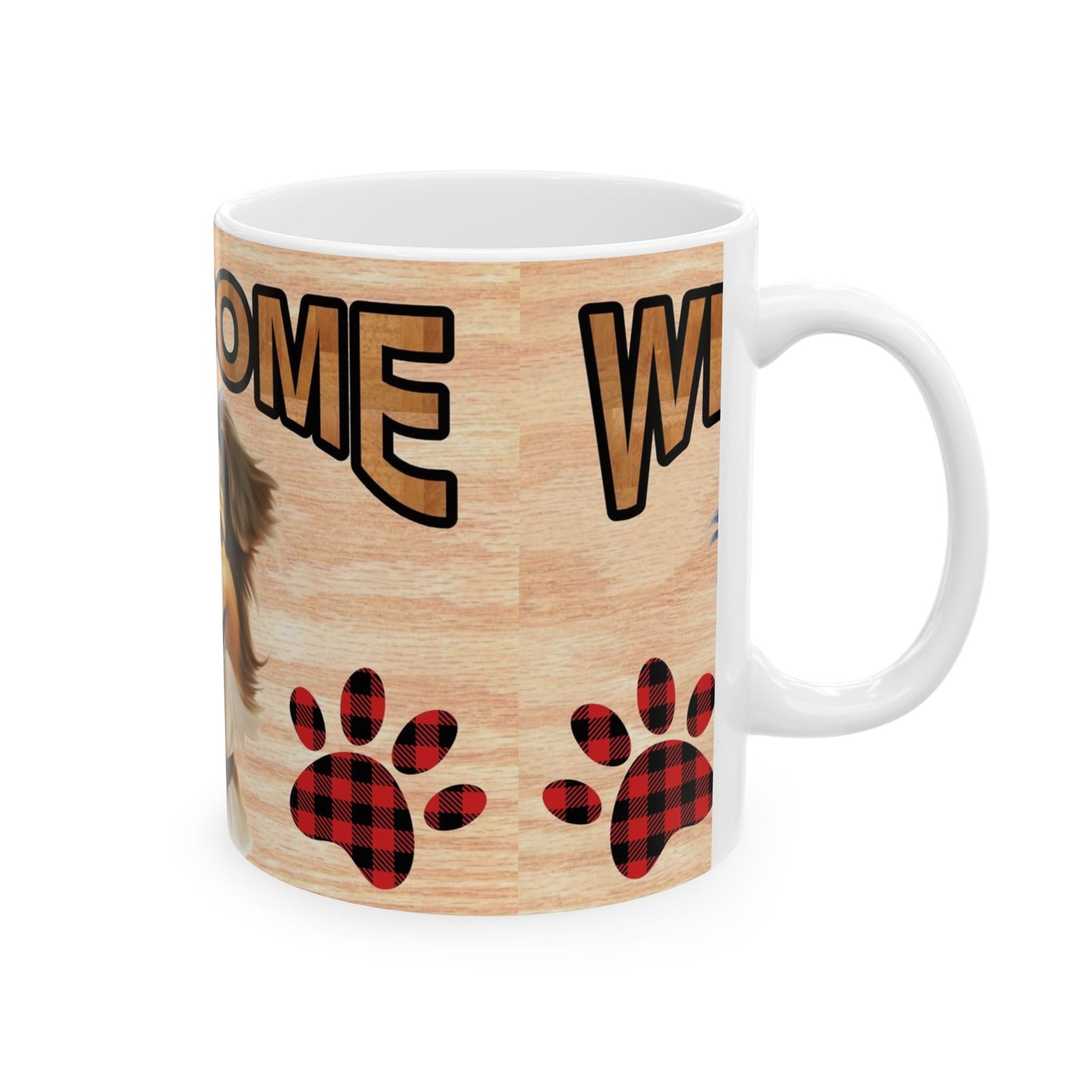 Welcome Dog Illustration Ceramic Mug – Cute Paw Print Coffee Cup 11oz    Item #61406