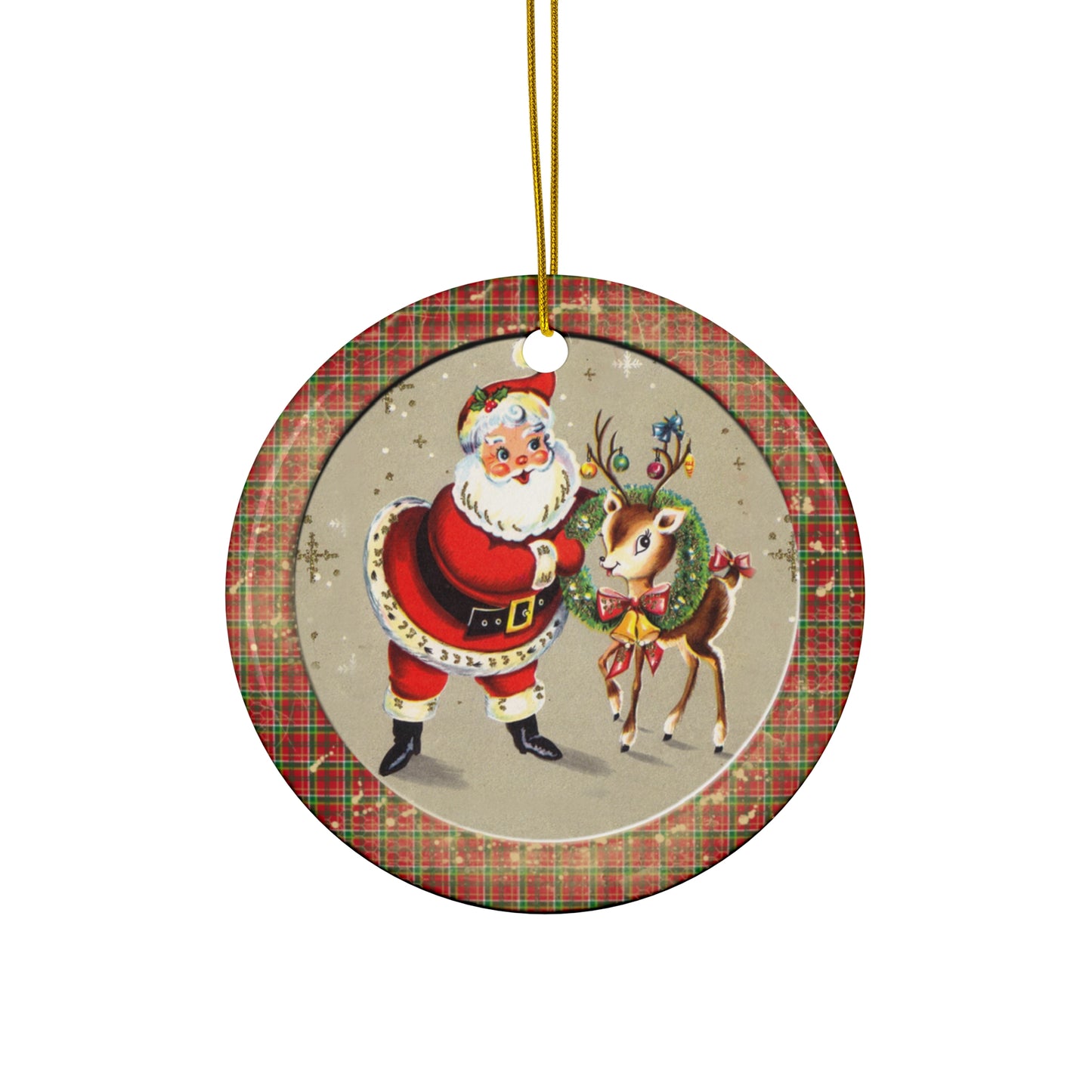 Santa & Reindeer Ceramic Disc Ornament      Item #2424038