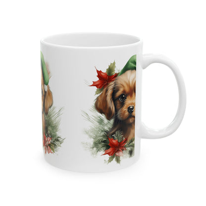 Cute Puppy Christmas Mug – Holiday Cavalier Puppy with Elf Hat 11oz   Item #286294