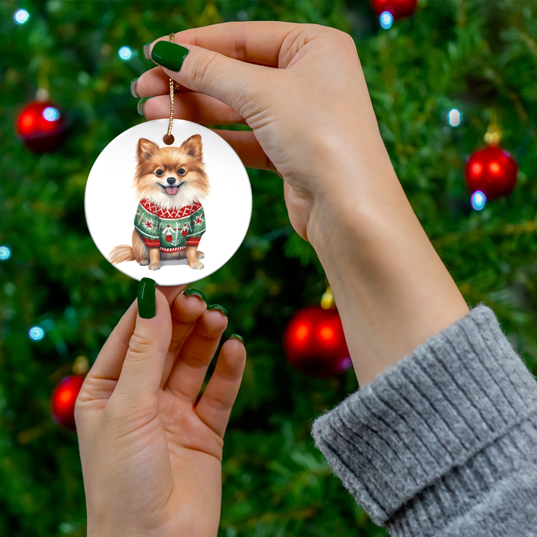 Dog With Christmas Sweater Ceramic Disc Ornament        Item #6404459