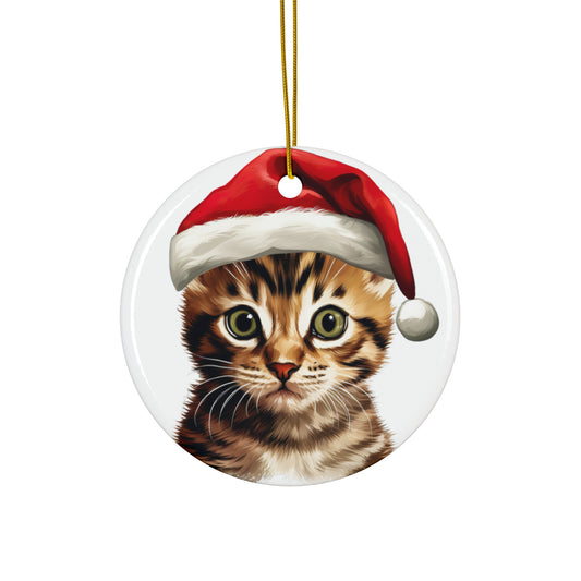 Ceramic Ornament - Bengal Kitten With Santa Hat      Item #39916