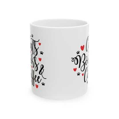 Cats, Books & Coffee Ceramic Mug — Cute Paw Print & Heart Coffee Cup 11oz   Item #7358