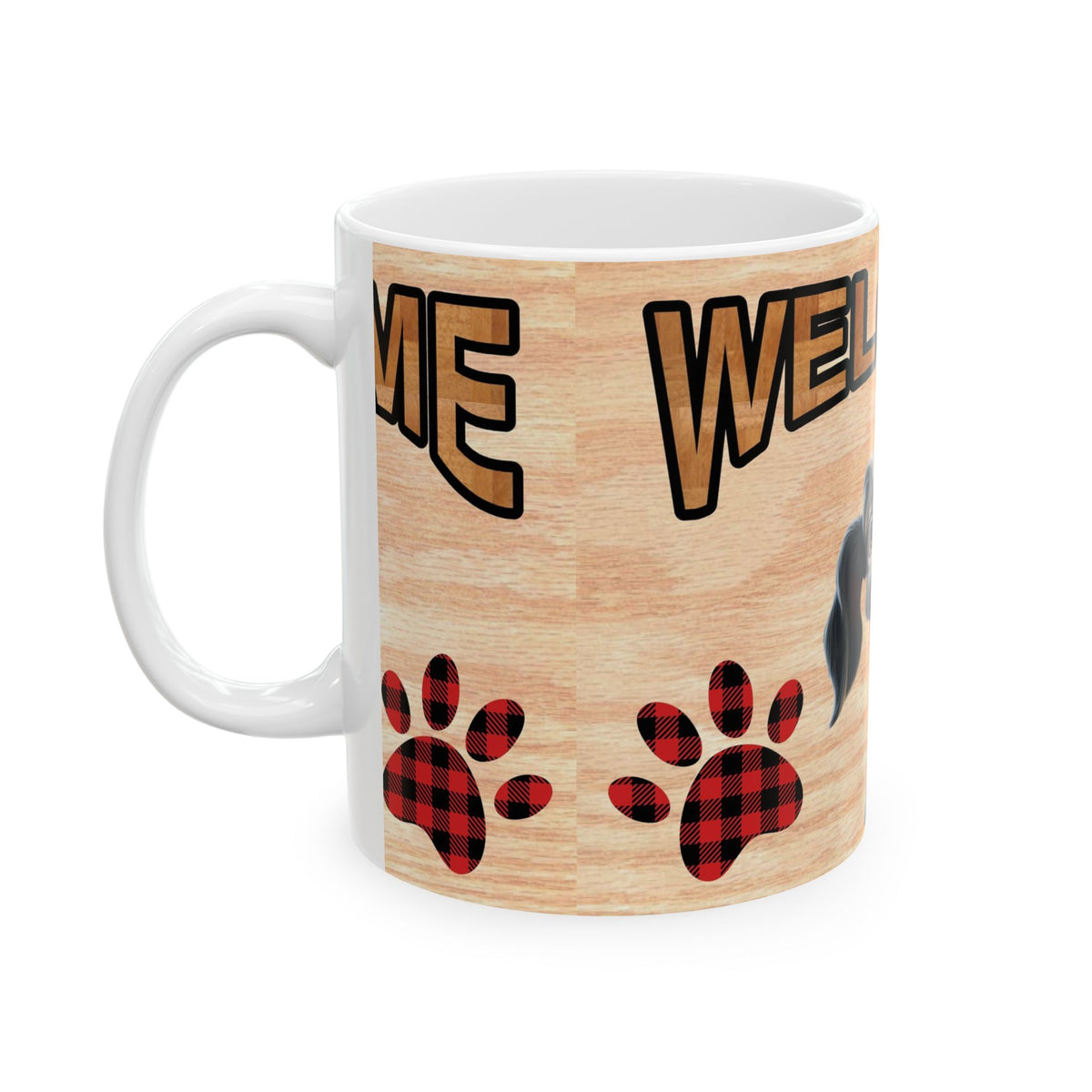 Welcome Dog Ceramic Mug — Cute Happy Pup with Buffalo Plaid Paw Prints 11oz    Item #75831