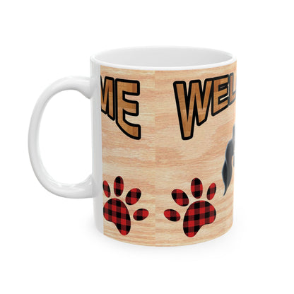 Welcome Dog Ceramic Mug — Cute Happy Pup with Buffalo Plaid Paw Prints 11oz    Item #75831