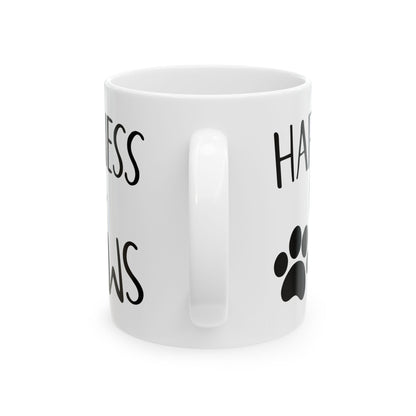 Dog Lover Ceramic Mug — “Happiness Has Paws” Paw Print Coffee Mug 11oz   Item #259295