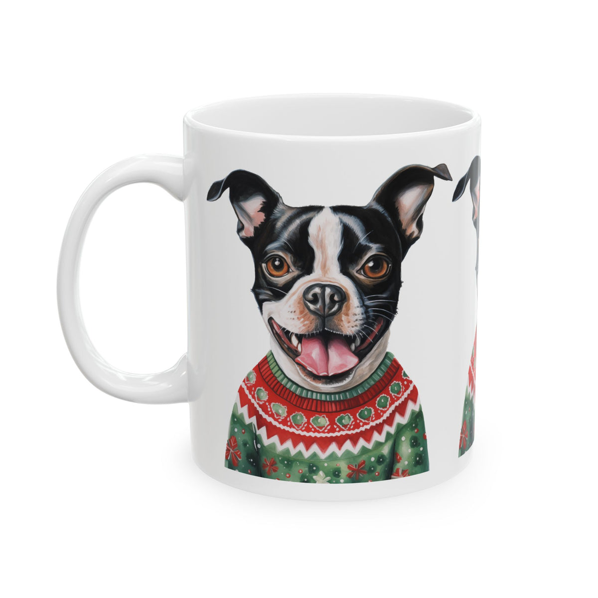 Boston Terrier Christmas Mug – Dog in Festive Sweater Ceramic Coffee Cup 11oz   Item #530089
