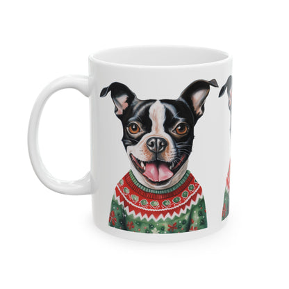 Boston Terrier Christmas Mug – Dog in Festive Sweater Ceramic Coffee Cup 11oz   Item #530089